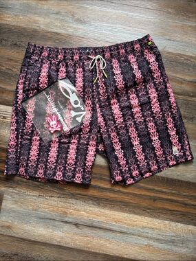 Psycho Bunny Pink & Black Patterned Men's Swim Shorts